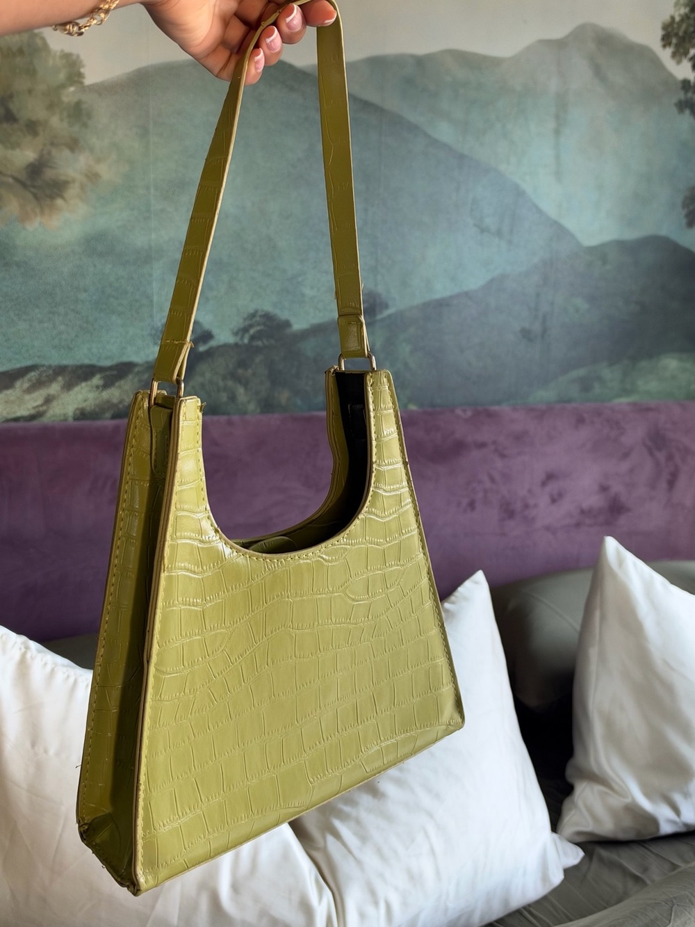 Croc-Embossed Olive Shoulder Bag for Women